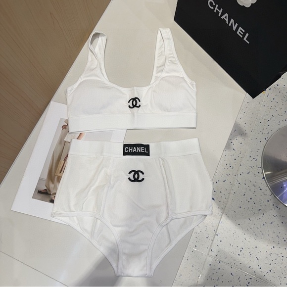 Chanel White Logo Bra and Panty Set